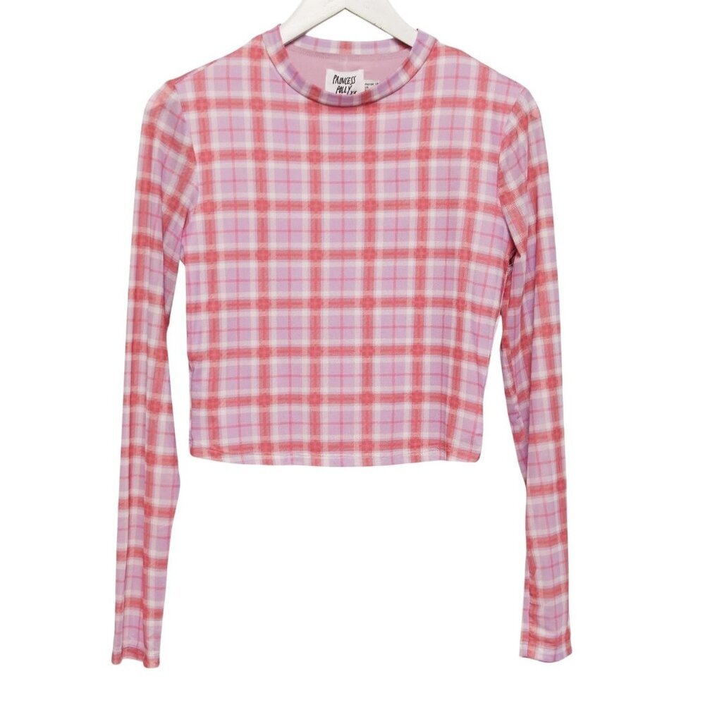PRINCESS POLLY Plaid Mesh Crop Top Size 8 Pink Lavender Alana Long Sleeve